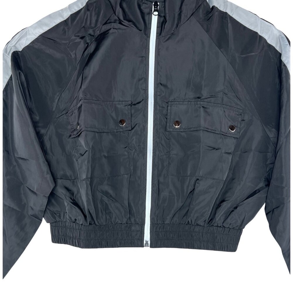 Cest Toi Cropped Black Nylon Jacket With Reflective Stripes & Zippered Front M - Picture 13 of 15